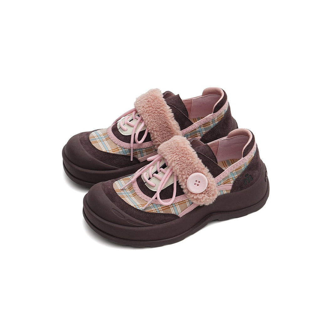 Women's Plaid Fleece-Lined Chunky Sneakers – Sherpa Strap Lace-Up Shoes-1
