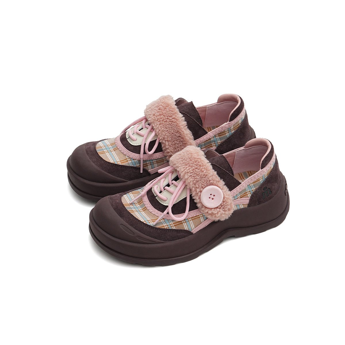Women's Plaid Fleece-Lined Chunky Sneakers – Sherpa Strap Lace-Up Shoes-1
