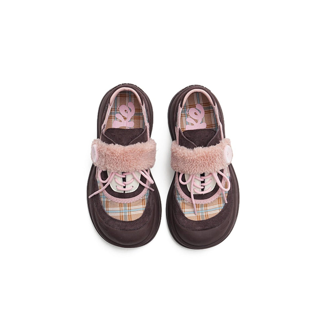 Women's Plaid Fleece-Lined Chunky Sneakers – Sherpa Strap Lace-Up Shoes-2